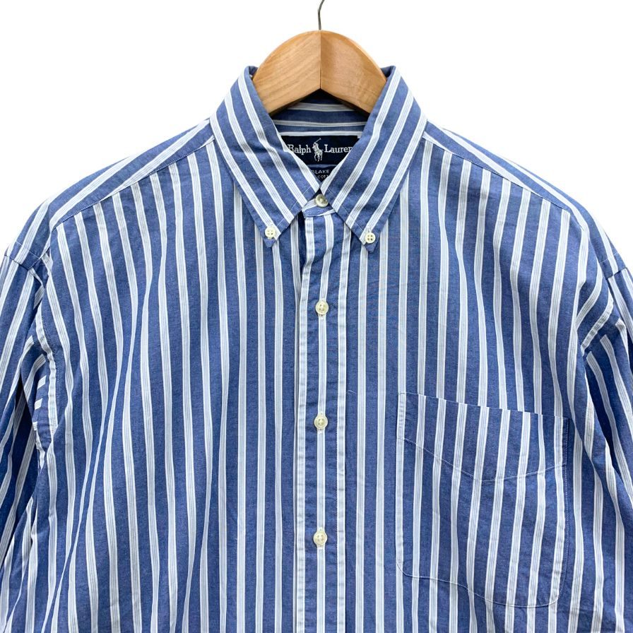 美品◆ラルフローレン 90S 長袖シャツ ストライプ ブルー系 サイズM Ralph Lauren 【AFB51】