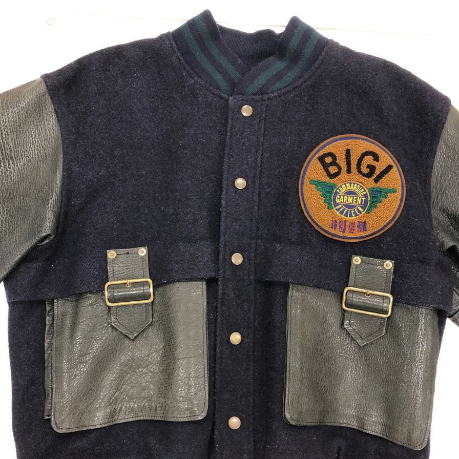 美品◆ビギ スタジャン ヴィンテージ レザー切替 ネイビー×ブラック メンズ サイズM BIGI 【AFG1】