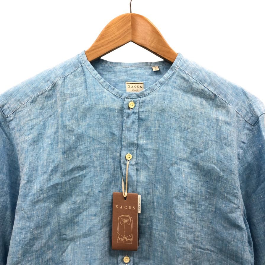極美品◆ザッカス ノーカラーシャツ リネン メンズ サイズ41 ブルー XACUS 【AFB47】