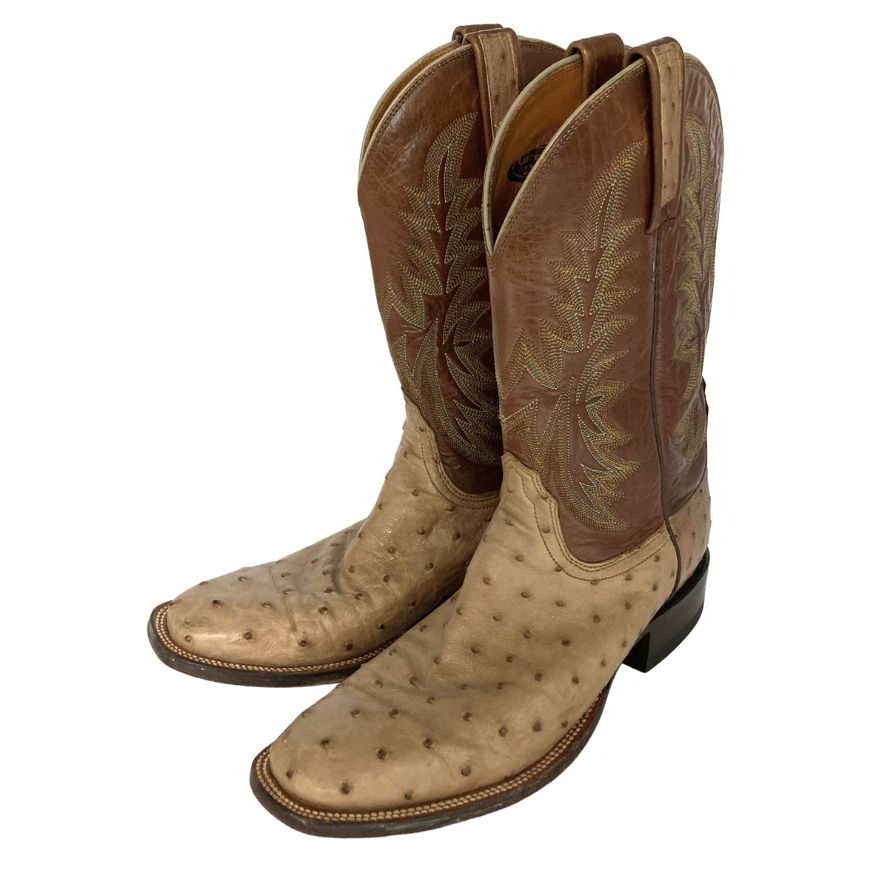 ルケーシー 2000 ローパーブーツ オーストリッチ レザーコンビ メンズ サイズ8.5D ベージュ ブラウン Lucchese 2000 約27.0cm【AFC46】