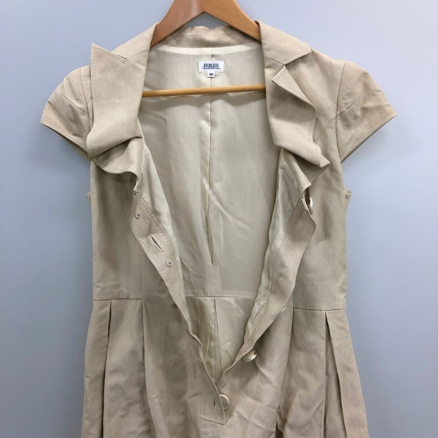 美品◆フォクシー ワンピース シルク ブレンド プルオーバー 膝丈 フレア 半袖 22181 ベージュ レディース サイズ40 FOXEY 【AFB23】