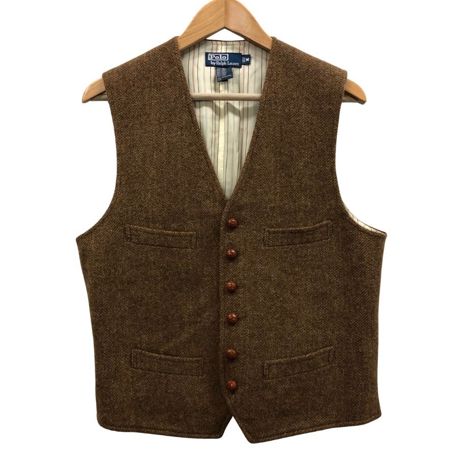 美品◆ポロラルフローレン ツイード ベスト ブラウン 胡桃釦 肘革 エルボパッチ サイズM POLO RALPHLAUREN 【AFB39】