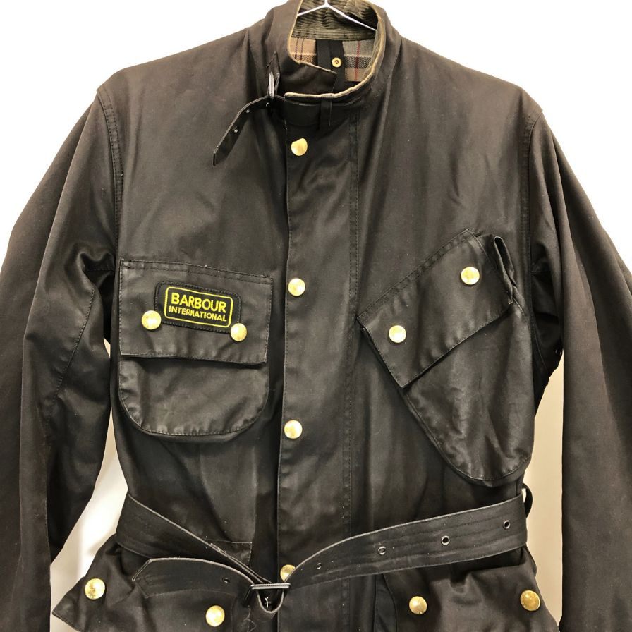 中古◆バブアー インターナショナル 3ワラント モーターサイクル ジャケット オイルドジャケット ウエストベルト メンズ サイズC34 ブラック barbour international 【AFA3】