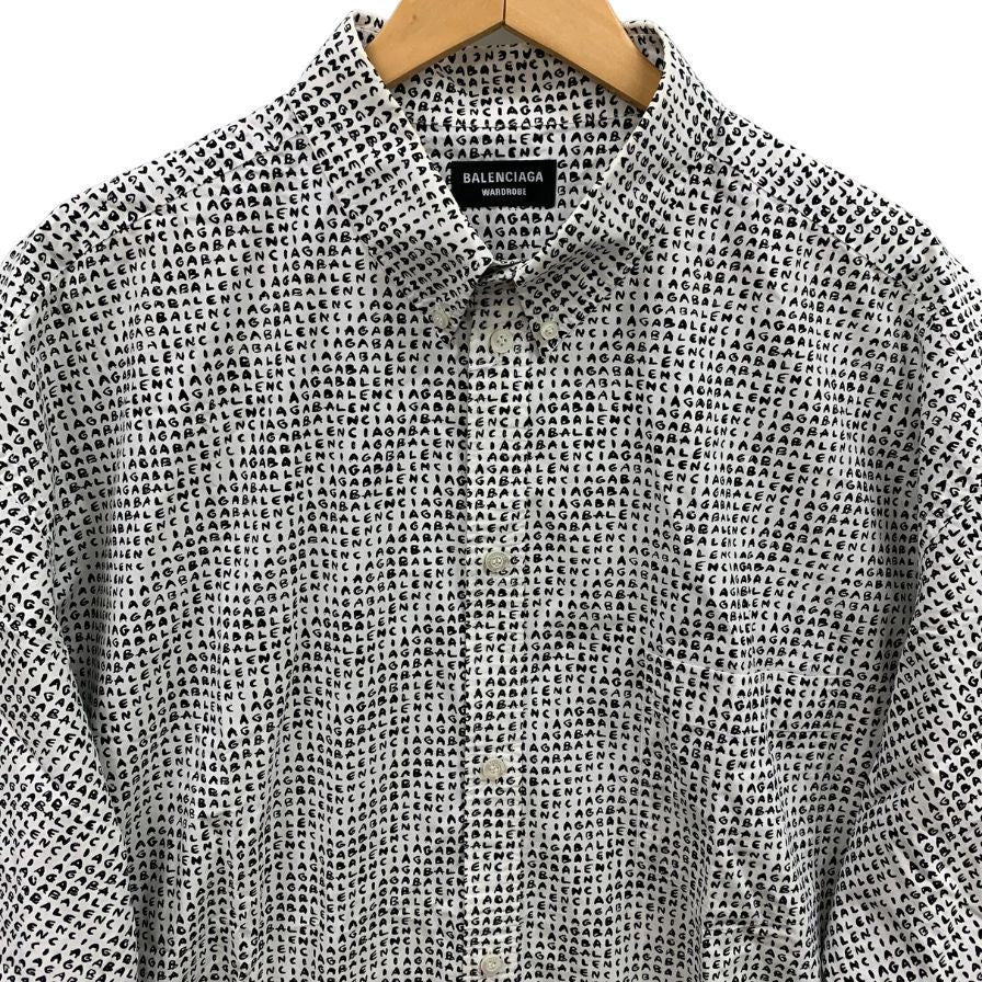 美品◆バレンシアガ ボタンダウンシャツ 半袖 647354 メンズ サイズ41 総柄 ホワイト ブラック BALENCIAGA WARDROBE 【AFB3】