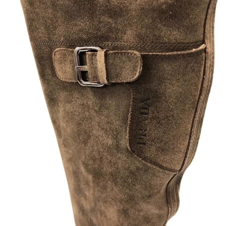 プラダ ニーハイ ブーツ スエード インサイドジップ サイドベルト ゴムソール レディース サイズ35 ブラウン PRADA 約22.0cm【AFI30】