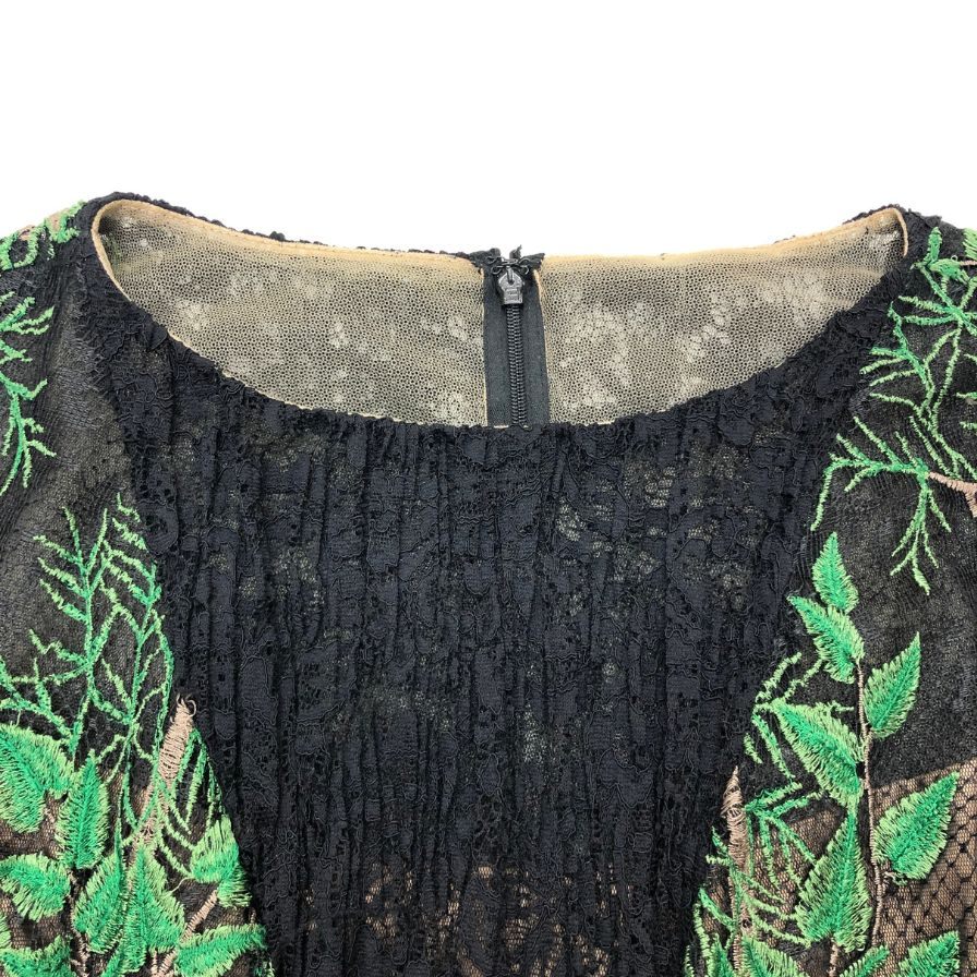 極美品◆タダシショージ ドレス レーヨン 葉っぱ柄 刺繍 レース レディース ブラック サイズ2 総柄 TADASHI SHOJI 【AFB4】