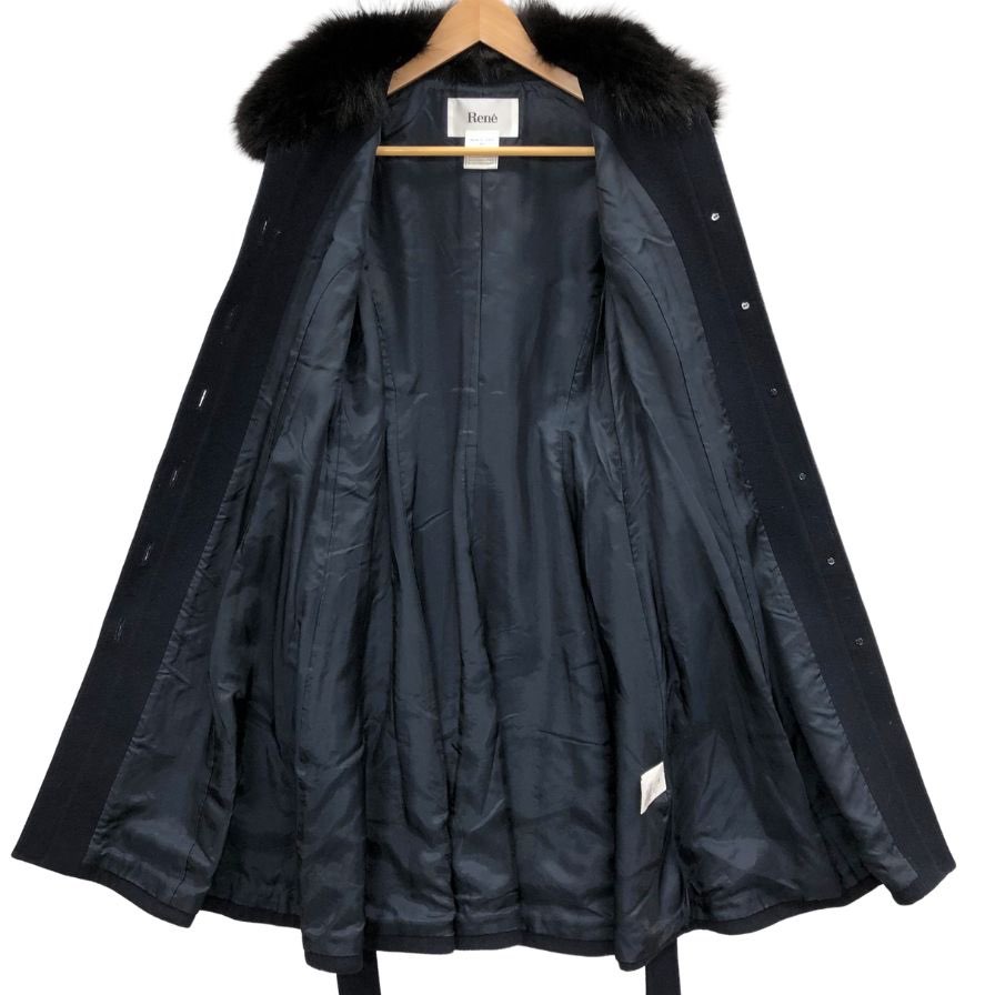 美品◆ルネ コート ウール フォックスファー カメリアボタン ベルテッド ロング ブラック ウール レディース サイズ34 Rene 【AFF23】