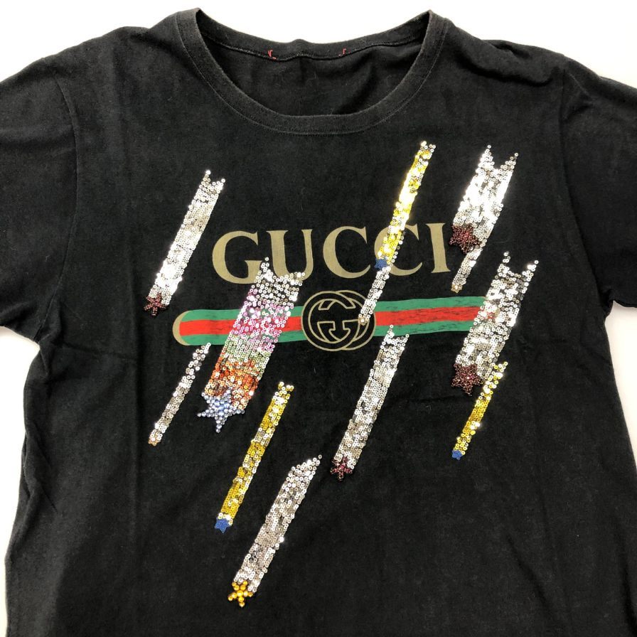 中古◆グッチ 半袖Tシャツ スパンコール ブラック レディース サイズM 492347 GUCCI 【AFB3】