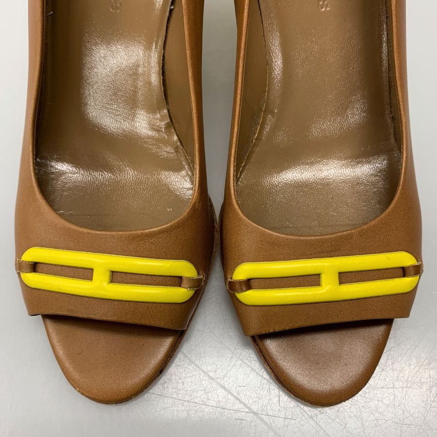 エルメス レザーシューズ パンプス オープントゥ シェーヌダンクル レディース サイズ36 ブラウン Hermès 約23.0cm【AFC29】