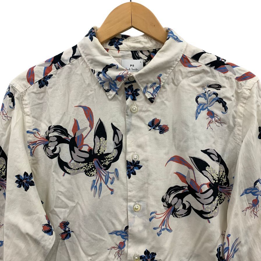 美品◆ピーエス ポールスミス シャツ 長袖 Lily 花柄 ホワイト系 セルロース コットン サイズL メンズ PS Paul Smith 【AFB27】