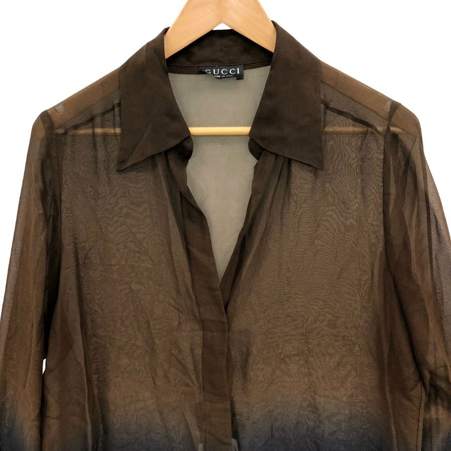 極美品◆グッチ シャツ トムフォード期 長袖 グラデーション デザイン シルク レース 薄手 ネイビー ブラウン レディース サイズ42 GUCCI 【AFB9】