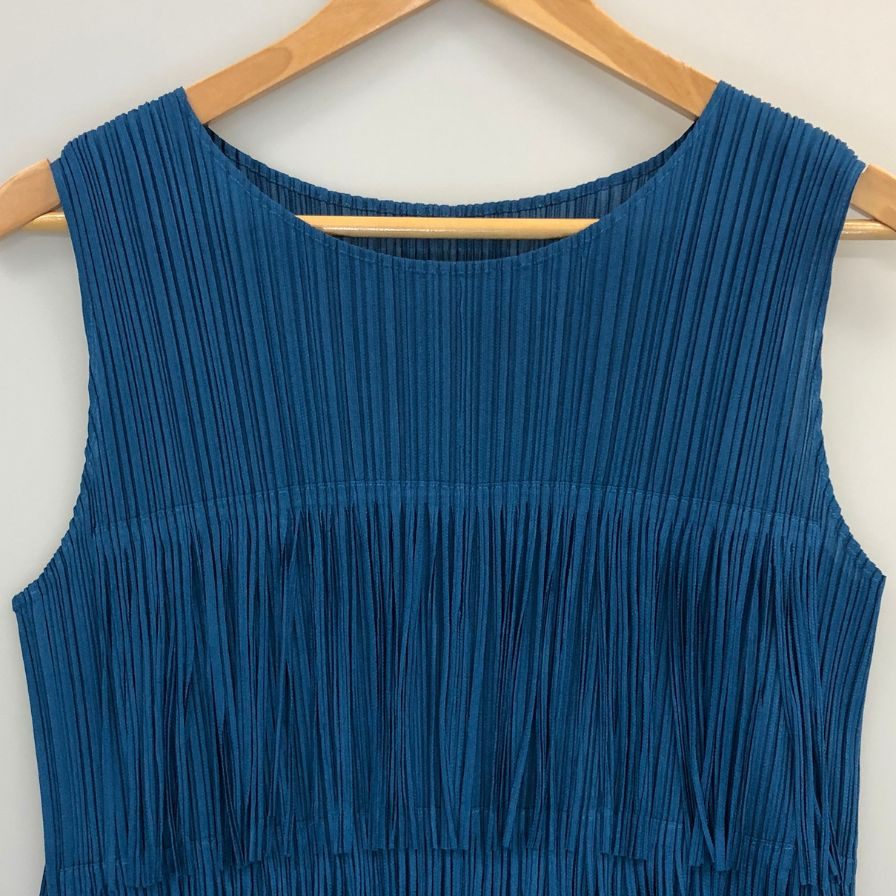 極美品◆プリーツプリーズ ノースリーブカットソー フリンジ ブルー系 サイズ3 レディース PP71-JK791 PLEATS PLEASE ISSEY MIYAKE 【AFB45】