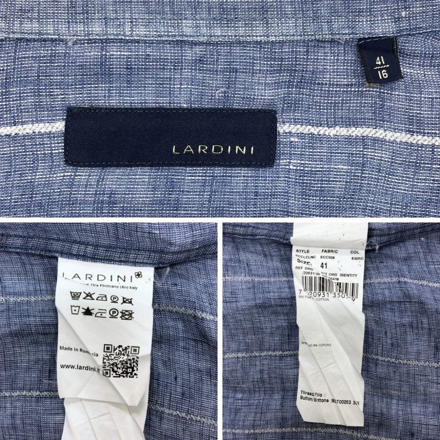 美品◆ラルディーニ 長袖シャツ ストライプ リネン コットン混 サイズ41 メンズ LARDINI 【AFB17】
