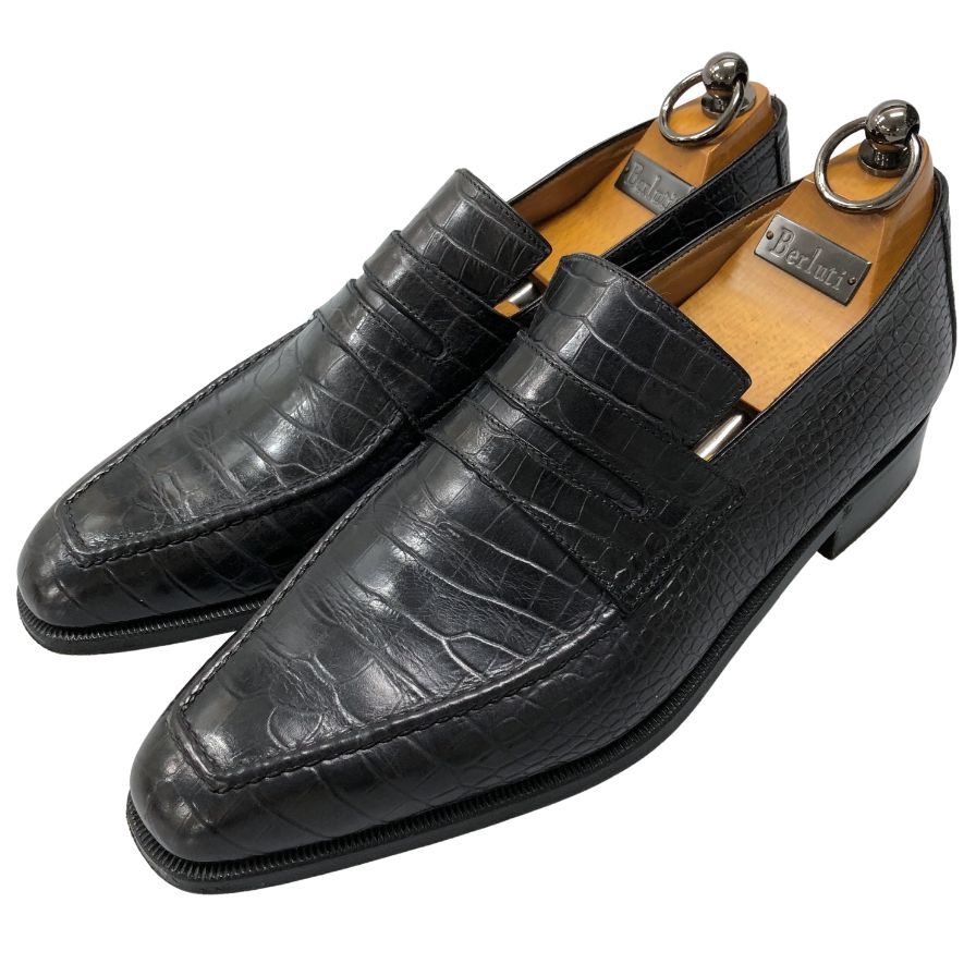 ベルルッティ ローファー 348 クロコ型押し ブラック メンズ サイズ7.5 Berluti ローファー 約26.0cm【LA】【中古】