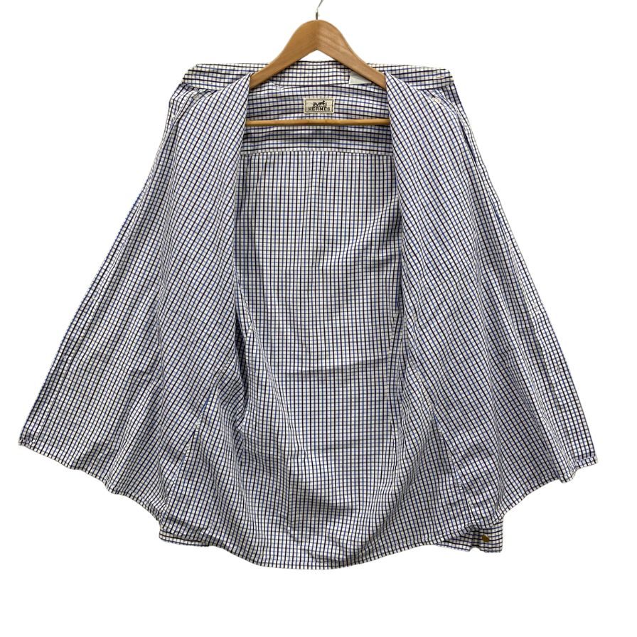美品◆エルメス シャツ 長袖 チェック柄 コットン ブルー ホワイト サイズ39 メンズ HERMES 【AFA5】