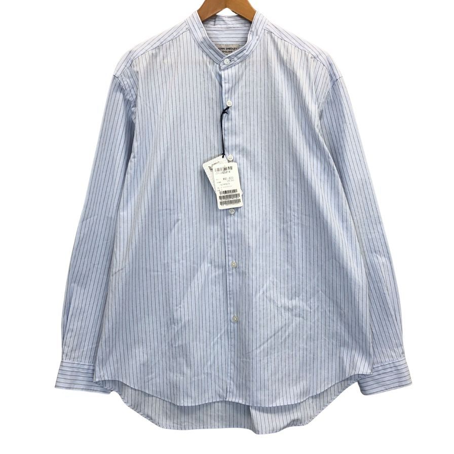 新品同様◆ジョンスメドレー シャツ ノーカラー バンドカラー 長袖 ストライプ メンズ ブルー系 サイズM JOHN SMEDLEY 【AFB36】