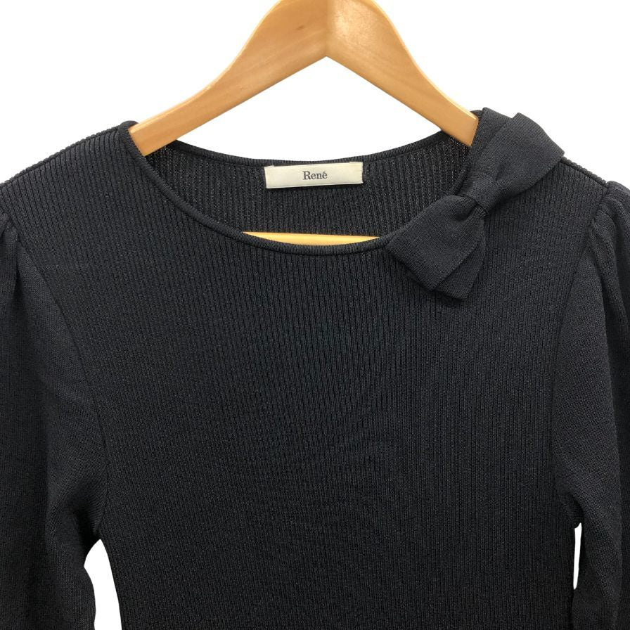 美品◆ルネ ニットワンピース ロングスリーブ リボン付き ブラック レディース サイズ36 Rene 【AFB12】