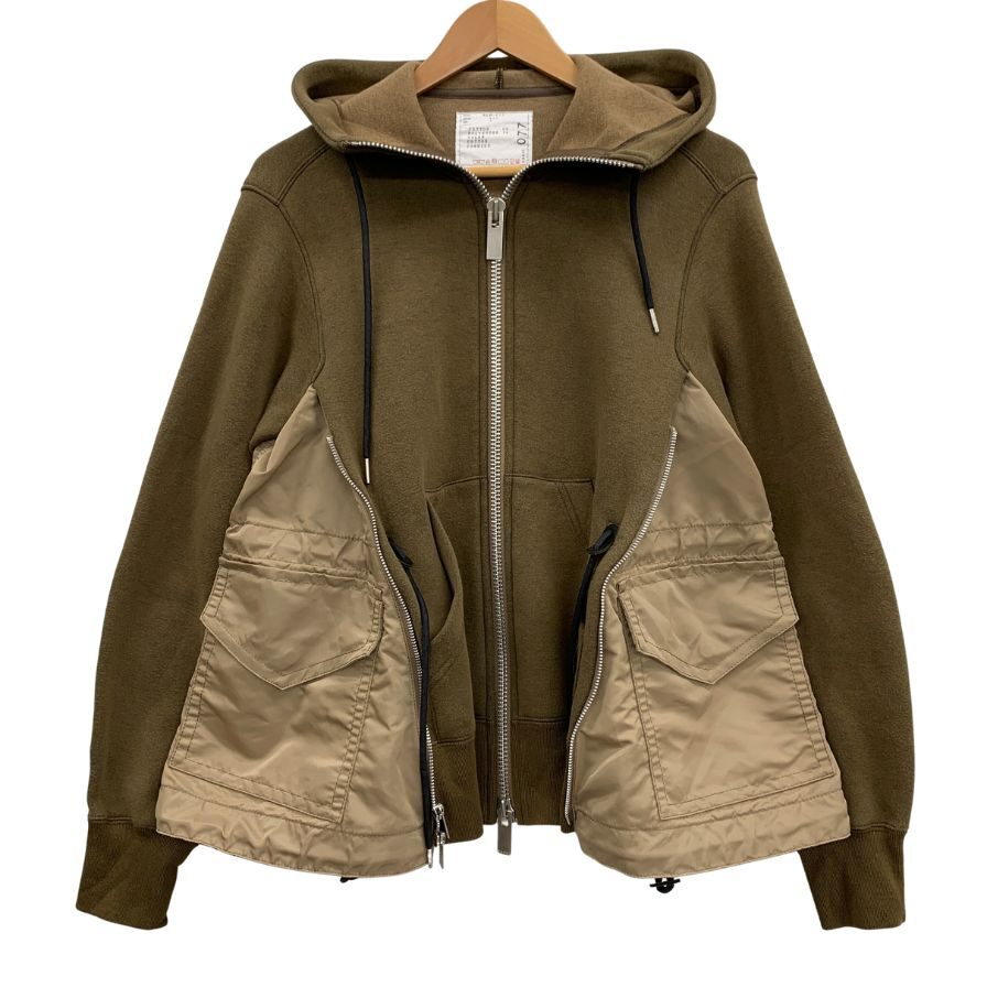 美品◆サカイ ジップアップパーカー Sponge Sweat x Nylon Twill Hoodie カーキ レディース サイズ2 SCW-077 Sacai 【AFB7】