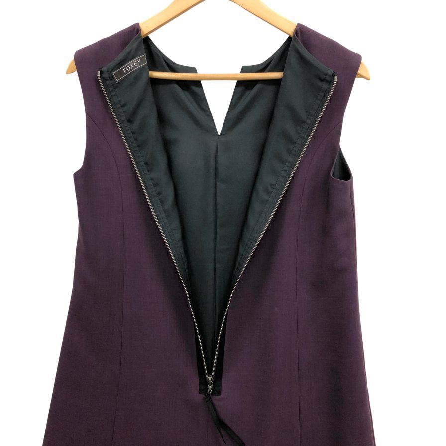 美品◆フォクシー ワンピース 25490 ノースリーブ ウール リボン デザイン パープル レディース サイズ40 FOXEY 【AFB41】