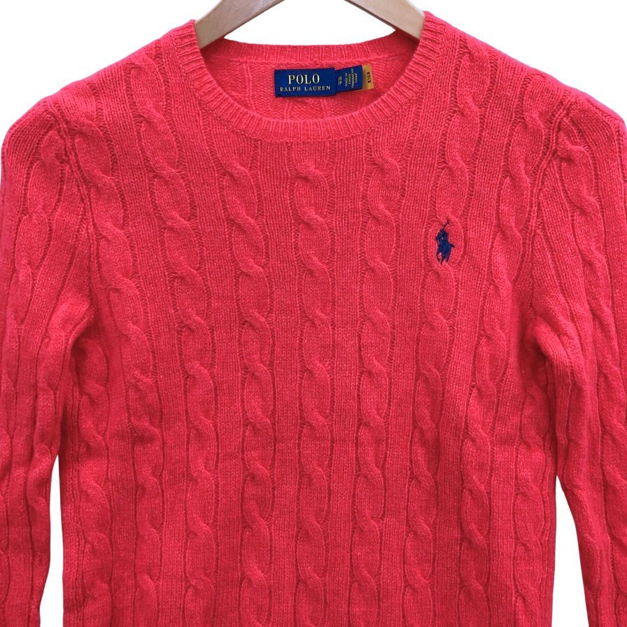 極美品◆ポロ ラルフローレン セーター ケーブル ニット ウール カシミア 刺繍 ロゴ ピンク レディース サイズXS POLO RALPH LAUREN 【AFB6】