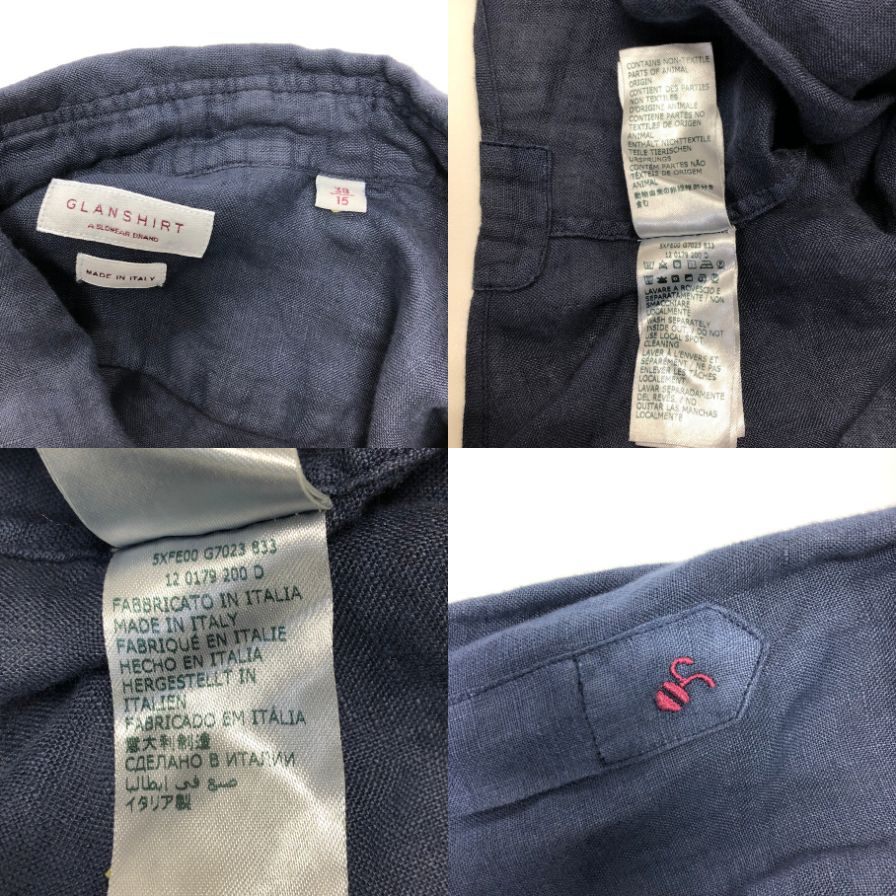 美品◆グランシャツ 長袖シャツ ロングスリーブ リネン ネイビー メンズ サイズ38/15 GLANSHIRT 【AFB43】