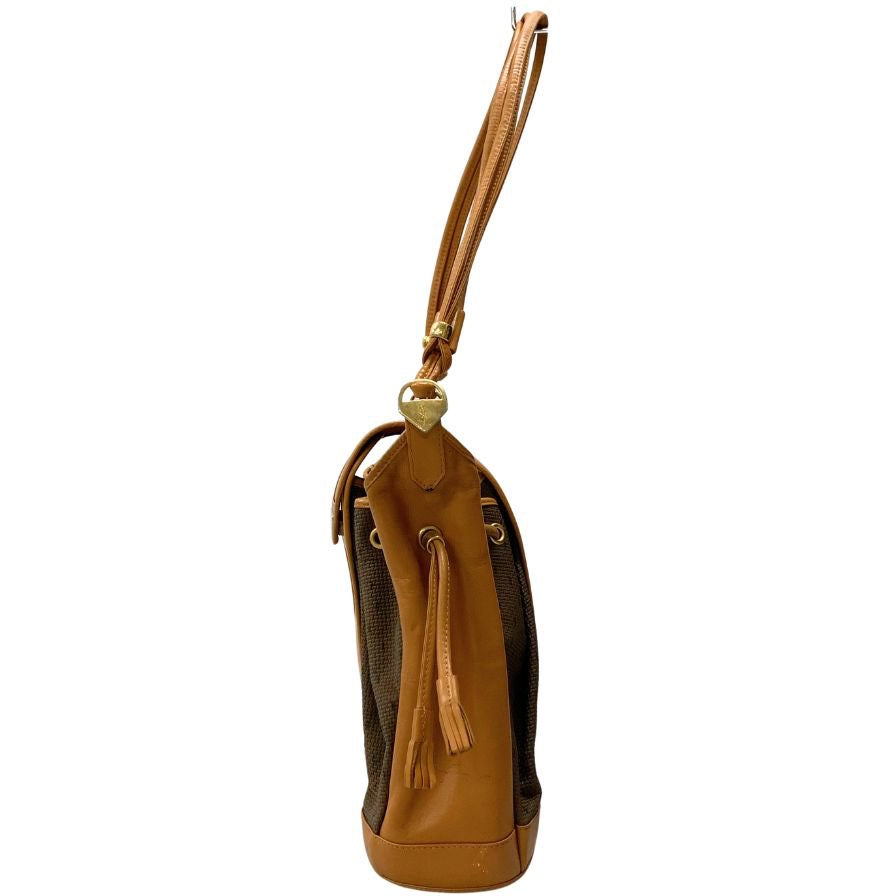 イヴサンローラン バケツ型 ワンショルダー バッグ YSL ロゴ ゴールド金具 キャンバス レザー ブラウン Yves Saint Laurent【AFE6】