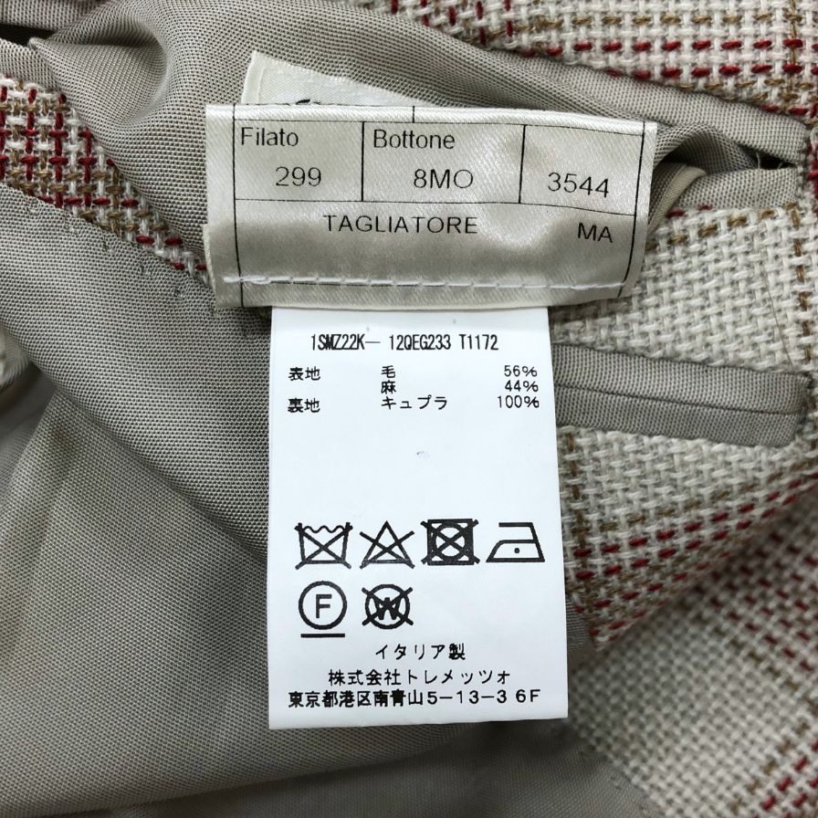 美品◆タリアトーレ テーラードジャケット 1SMZ22K チェック柄 ウール リネン レッド系 メンズ サイズ42/7R TAGLIATORE 【AFB7】