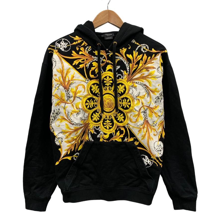 美品◆ヴェルサーチ パーカー バロッコアカンサスプリント A87476 メンズ コットン サイズXS ブラック イエロー VERSACE 【AFB35】