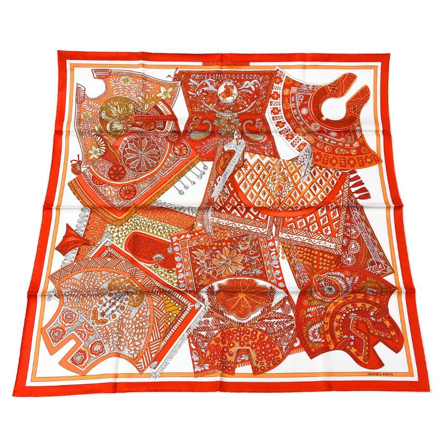 エルメス カレ90 スカーフ tapis de selle タピドゥセル シルク オレンジ レディース HERMES【AFI20】
