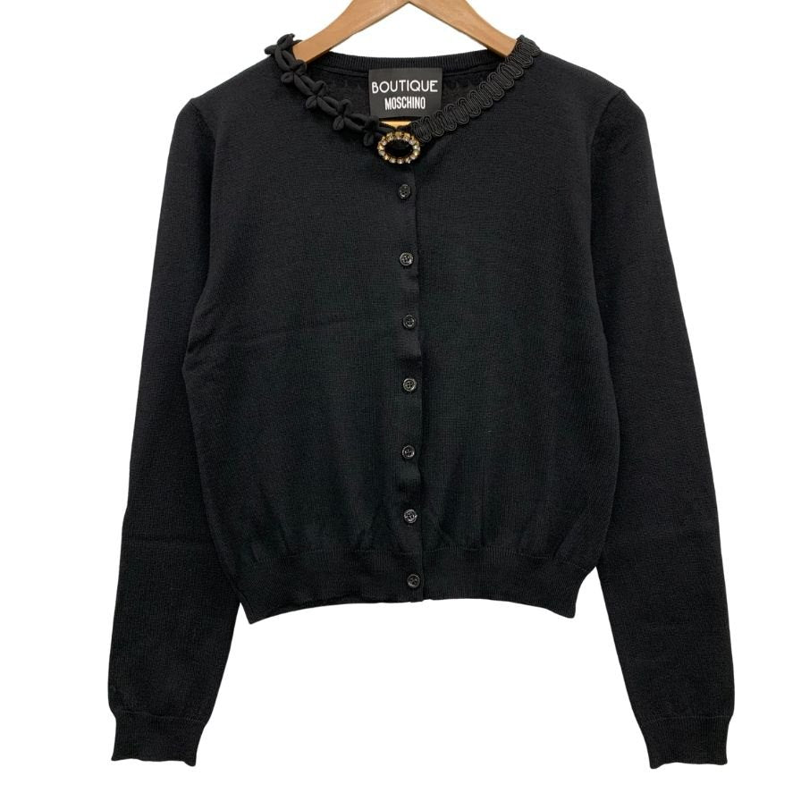 極美品◆ブティック モスキーノ カーディガン フロントビジューボタン ウール100% レディース サイズ42 ブラック BOUTIQUE MOSCHINO 【AFB3】