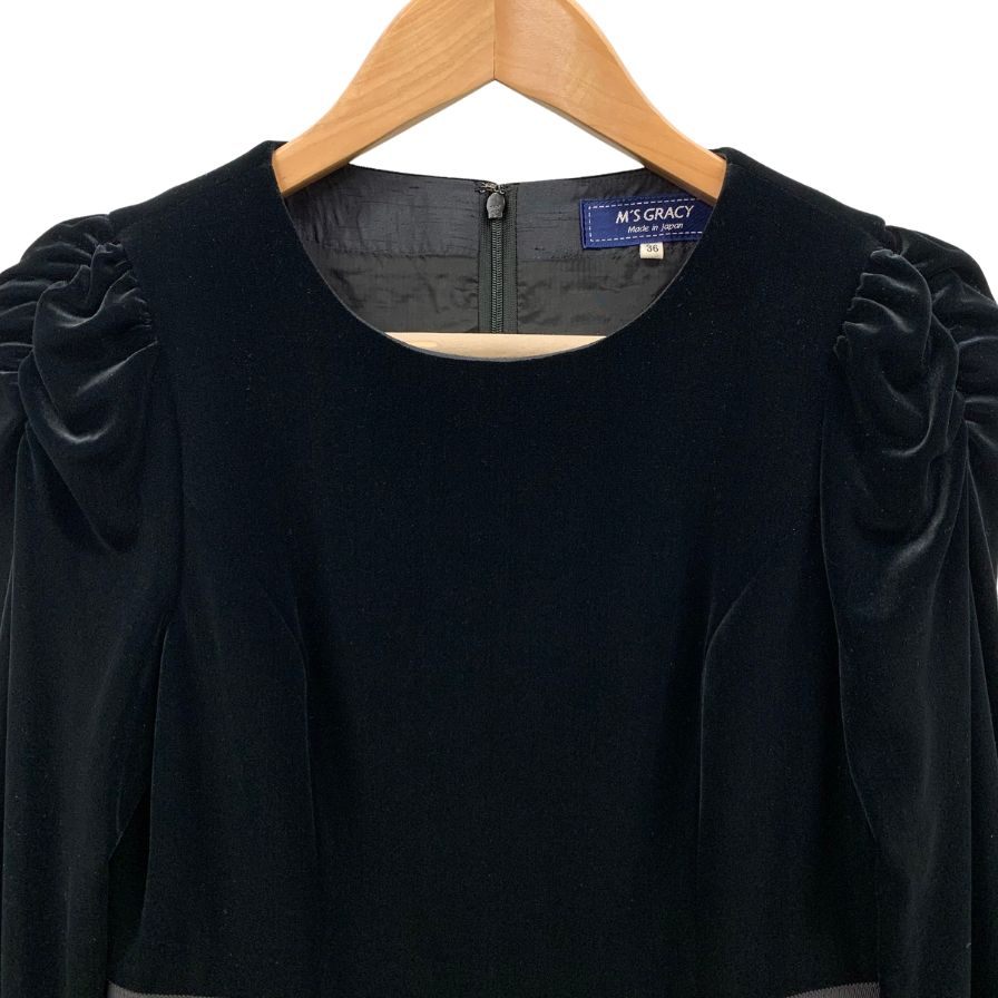 極美品◆エムズグレイシー ワンピース ロングスリーブ ベロア 切替 花柄 ブラック レディース サイズ36 M’s GRACY 【AFB24】