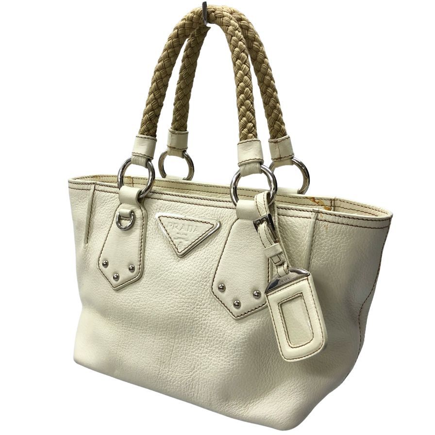 プラダ ハンドバッグ グレインレザー 編み込み ホワイト レディース PRADA【AFE12】