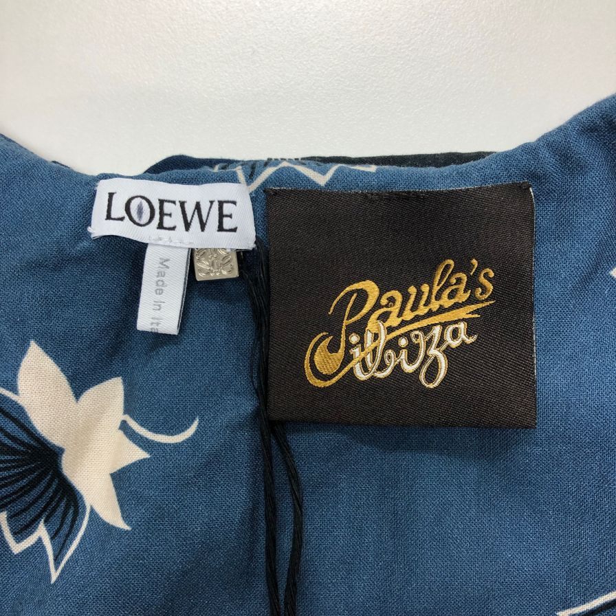 極美品◆ロエベ×パウラズイビザ 半袖ワンピース 総柄 ネイビー レディース サイズ34 LOEWE×Paulas Ibiza 【AFB5】