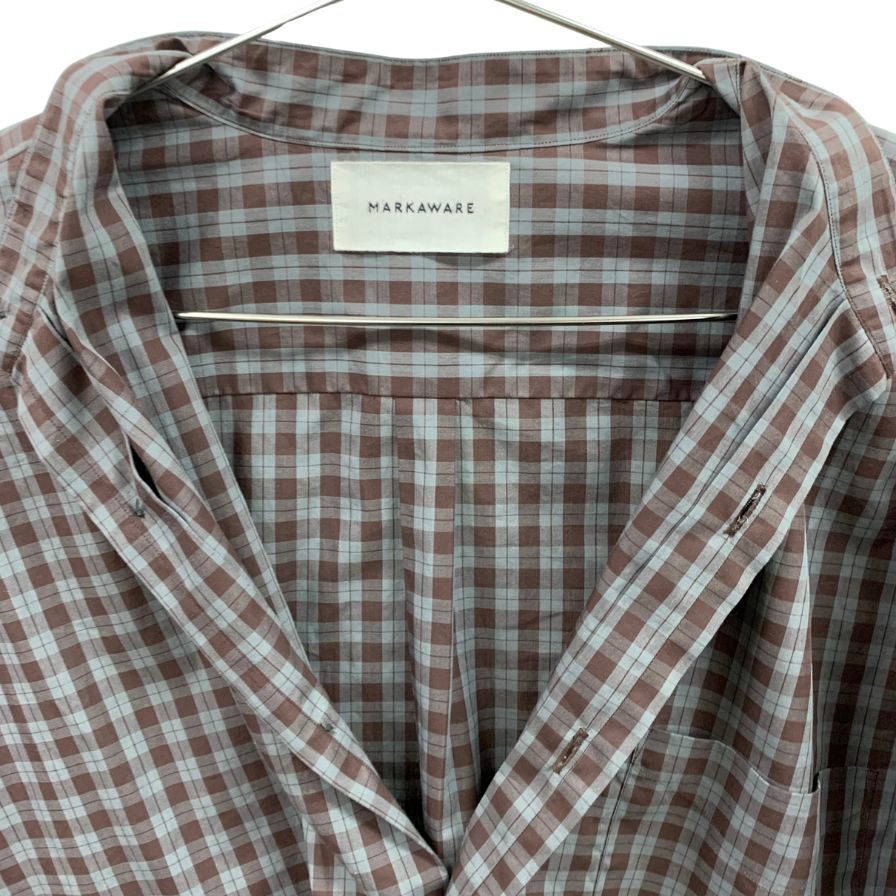 美品◆マーカウェア コンフォート フィット バンドカラーシャツ ブラウンチェック サイズ2 メンズ MARKAWARE COMFORT FIT BAND COLLAR SHIRT CHECK 【AFB12】