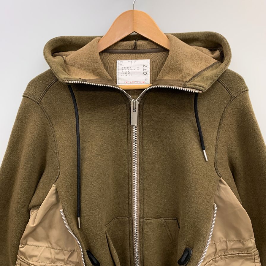 美品◆サカイ ジップアップパーカー Sponge Sweat x Nylon Twill Hoodie カーキ レディース サイズ2 SCW-077 Sacai 【AFB7】