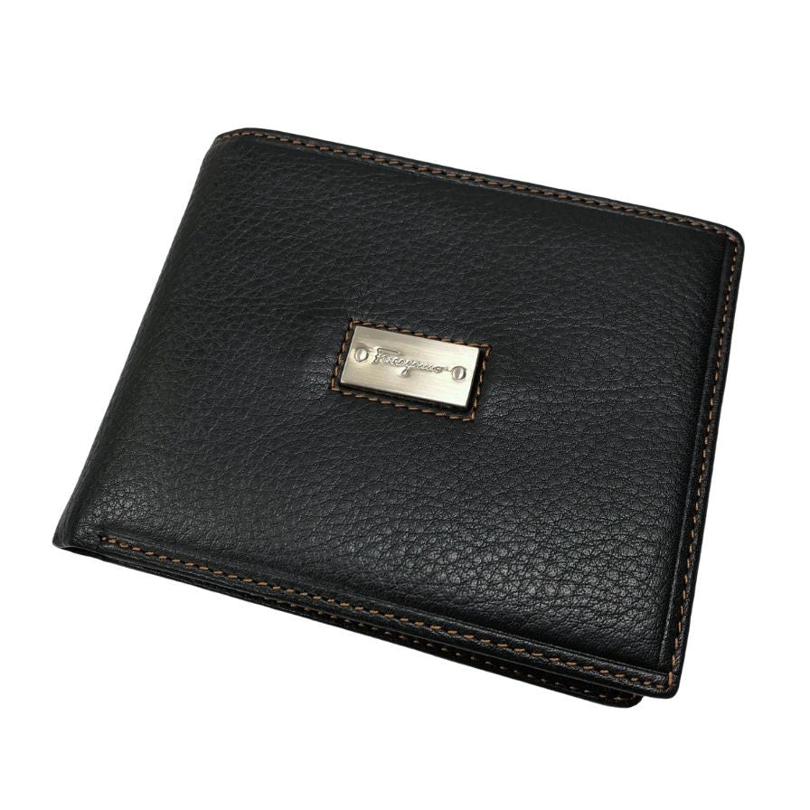 サルバトーレ フェラガモ レザー 二つ折り財布 札入れ シボ ブラック Salvatore Ferragamo【AFI19】