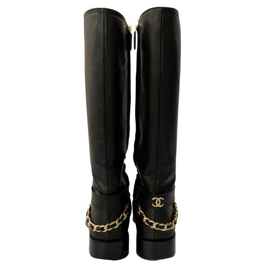 シャネル ロングブーツ G39171 チェーン ゴールド金具 ココマーク 22AW レザー 40C レディース ブラック CHANEL 約26.0cm【AFC47】