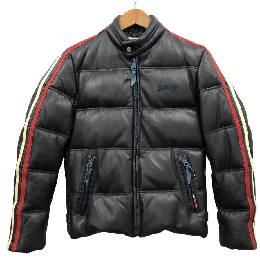 中古◆ショット ダウンジャケット モーターサイクルジャケット ラムレザー IDEALジップ サイズM ネイビー メンズ Schott 【AFG1】