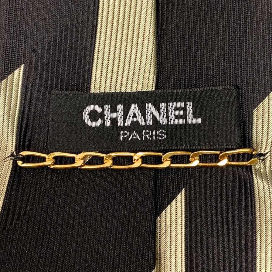 シャネル ライン柄 ネクタイ ブラック メンズ 総柄 イタリア製 CHANEL【AFI10】