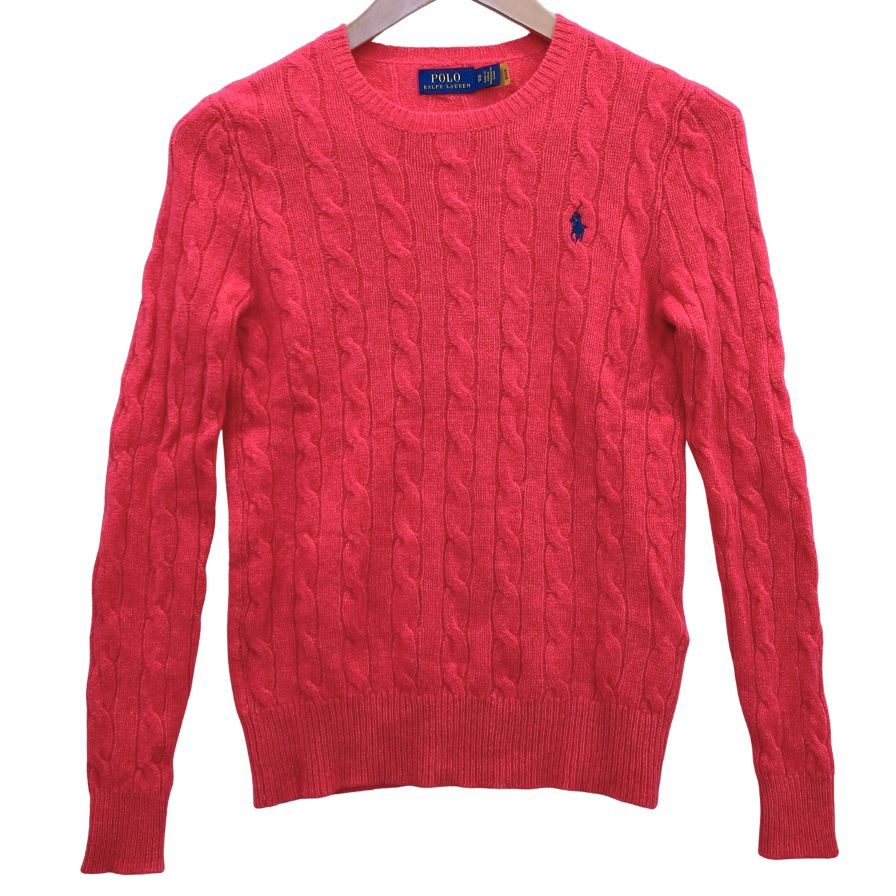 極美品◆ポロ ラルフローレン セーター ケーブル ニット ウール カシミア 刺繍 ロゴ ピンク レディース サイズXS POLO RALPH LAUREN 【AFB6】