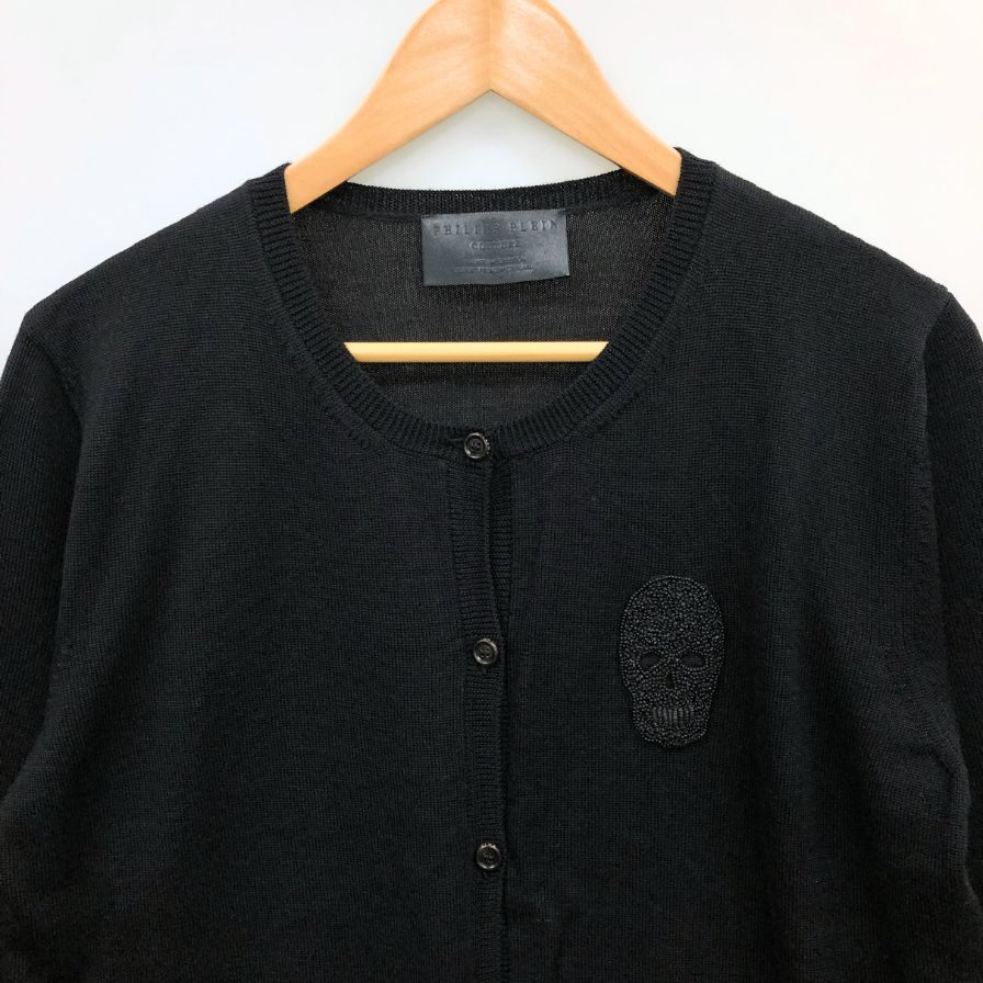 極美品◆フィリッププレイン カーデイガン スカルビジュー ウール100% レディース サイズL ブラック Philipp Plein 【AFB31】