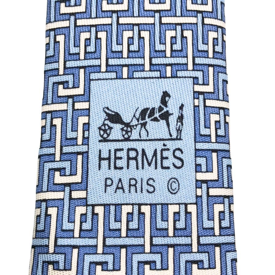 エルメス ネクタイ 総柄 デザイン シルク フランス製 ダービータイ ブルー HERMES【AFI17】