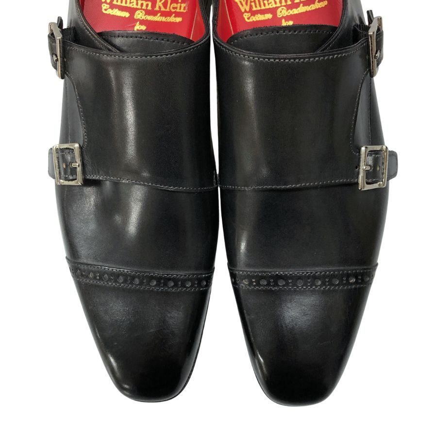 ウィリアム クライン レザーシューズ ダブルモンク パンチドキャップトゥ ブラック サイズ8 メンズ William Klein 約26.5cm【AFC47】