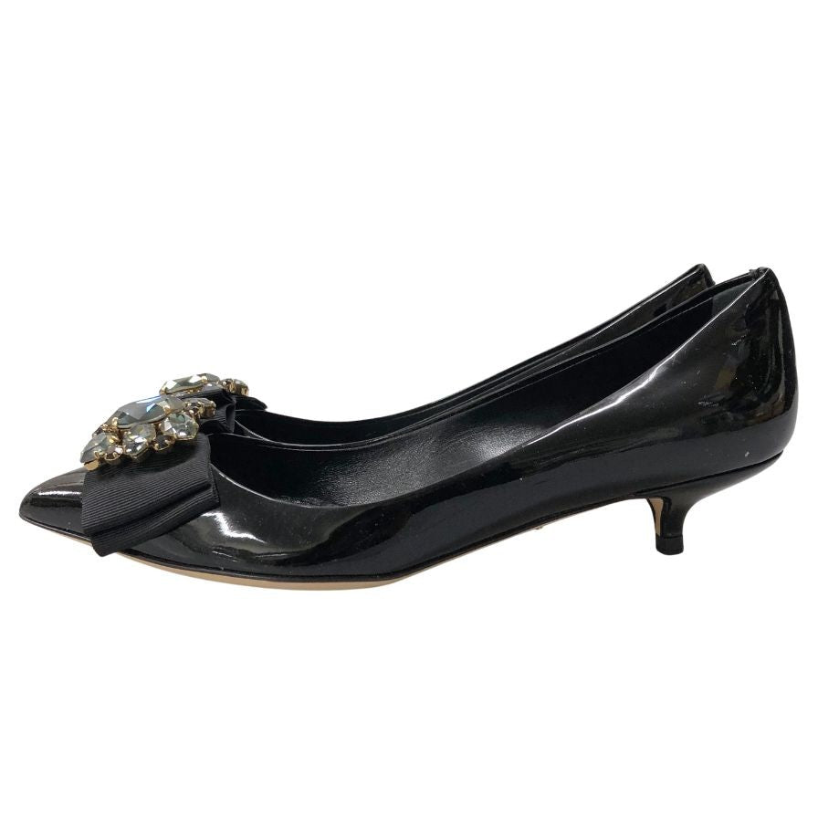 ドルチェ&ガッバーナ エナメル パンプス ビジューリボン レディース サイズ36 ブラック DOLCE&GABBANA 約22.5cm【AFC46】
