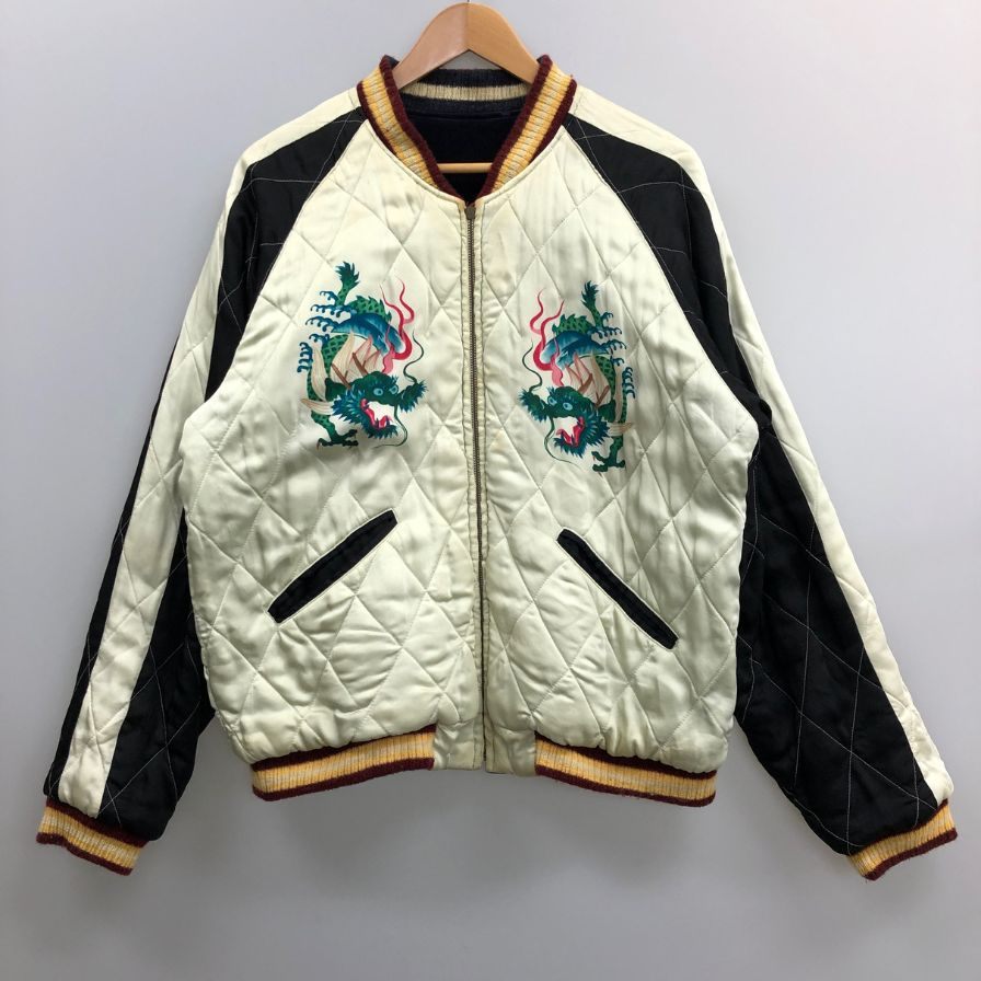 中古◆テーラー東洋 港商 スカジャン リバーシブル 虎 龍 髑髏 刺繍 メンズ ネイビー 裏地ホワイト サイズ大 TAILOR東洋 【AFA20】