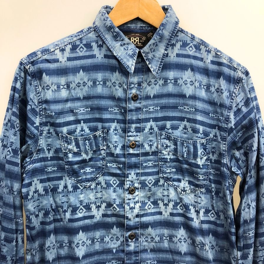 美品◆ダブルアールエル ラルフローレン 長袖シャツ 総柄 ナバホ ネイビー メンズ サイズXS RRL RALPH LAUREN 【AFB6】
