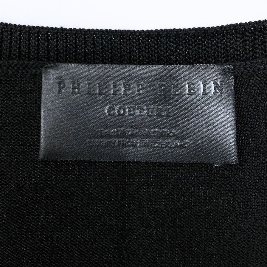 極美品◆フィリッププレイン カーデイガン スカルビジュー ウール100% レディース サイズL ブラック Philipp Plein 【AFB31】