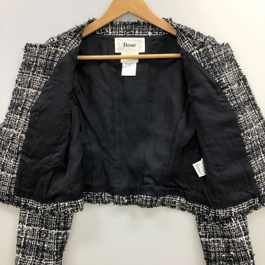 美品◆ルネ ティシュー ノーカラー ツイードジャケット 6343050 38サイズ ブラック系 6343050 Rene Tissue 【AFB42】