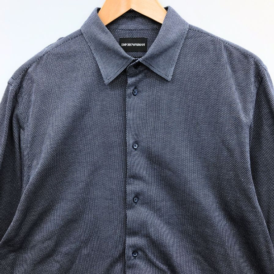 極美品◆エンポリオ アルマーニ シャツ 長袖 コットン 総柄 メンズ ネイビー サイズ41 EMPORIO ARMANI 【AFB14】
