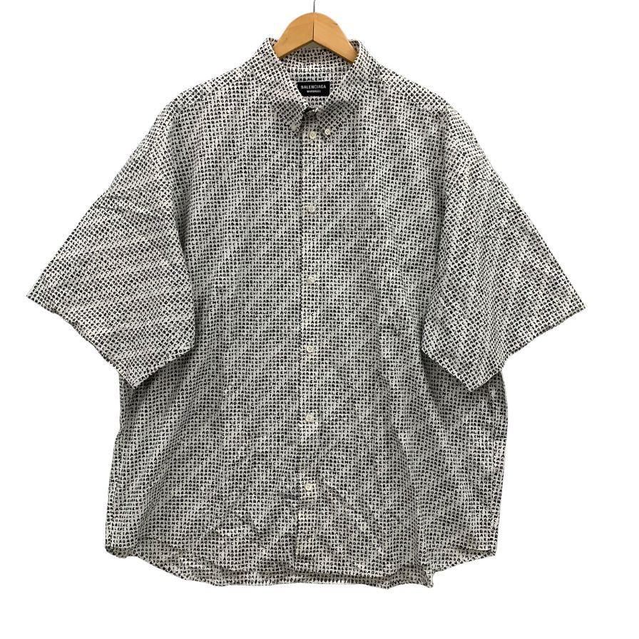 美品◆バレンシアガ ボタンダウンシャツ 半袖 647354 メンズ サイズ41 総柄 ホワイト ブラック BALENCIAGA WARDROBE 【AFB3】